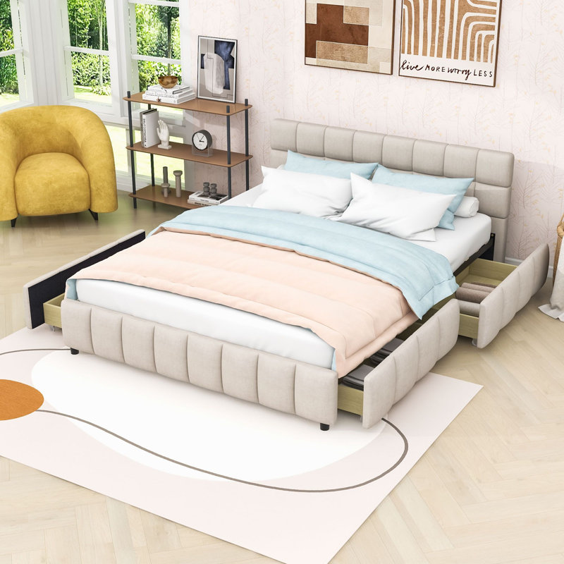 Grand lit plateforme tapissier avec tête de lit, lattes de bois et tiroirs de rangement, Beige