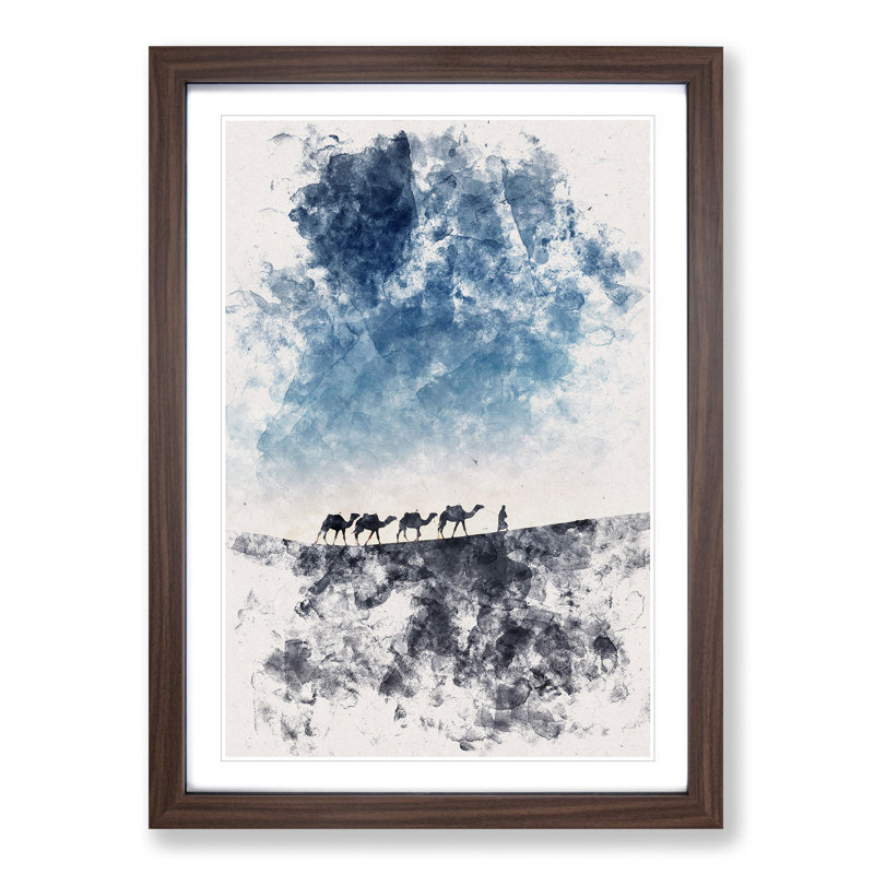 Camels Trekking In Morocco Watercolour - Picture Frame Graphic Art, 63cm H x 45cm W x 2cm D, Walnut Framed