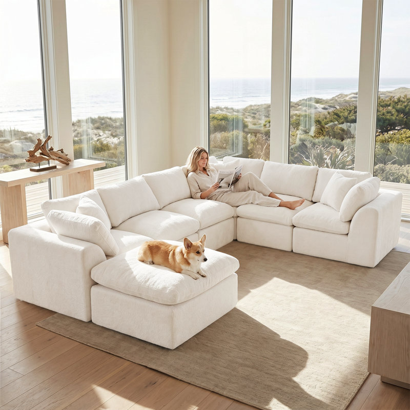  140" Boneless U-Shaped Sectional Sofa with Ottoman, No Assembly Required, 7 Seat Chenille Cloud Couch for Living Room, Beige