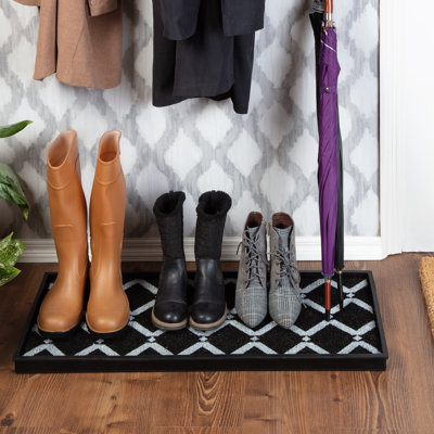 Eco-Friendly 14" x 34" Black and Ivory Diamond Heavy-Duty Rubber Boot Tray with Raised Edge for Muddy Shoes, Garden Tools & Pet Supplies — Indoor/Outdoor
