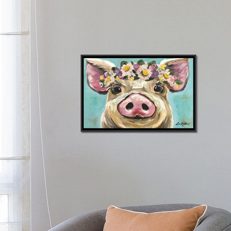 « porc avec fleur couronne sur turquoise » par hippie hound studios, impression sur toile tendue, Toile avec cadre noir