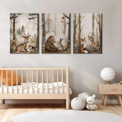 3Pcs Woodland Nursery Canvas Wall Art Cute Neutral Vintage Forest Wild Animals Bear Deer Fox Landscape Watercolor Painting Picture Wall Decor Poster Print Artwork For Baby Kids Room