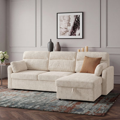 91''W Chenille Convertible L-Shaped Sectional Sofa Bed With Storage Two Pillows