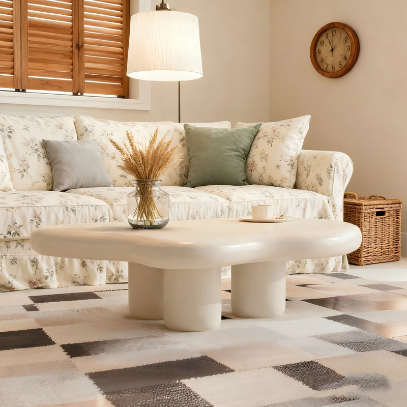 Cloud-Shaped Coffee Table, Modern Side Table with Triangular Base for Living Room, White