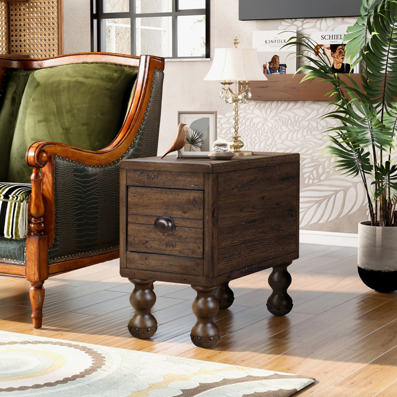 Table de bout en bois massif, table de bout rectangulaire étroite de 23,6 po avec tiroir, table de chevet rétro pour petits espaces, salon, chambre à coucher