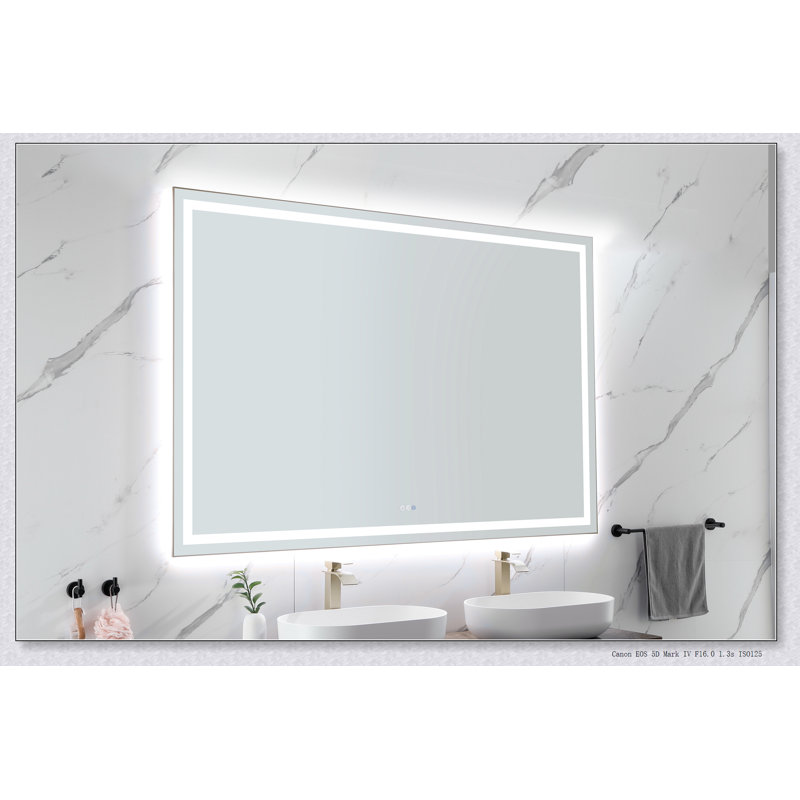 Miroir de salle de bain 84 po x 48 po à DEL avec avant et rétroéclairage, miroir de meuble-lavabo mural avec cadre en aluminium, antibuée, mémoire, 3 couleurs, gradation continue
