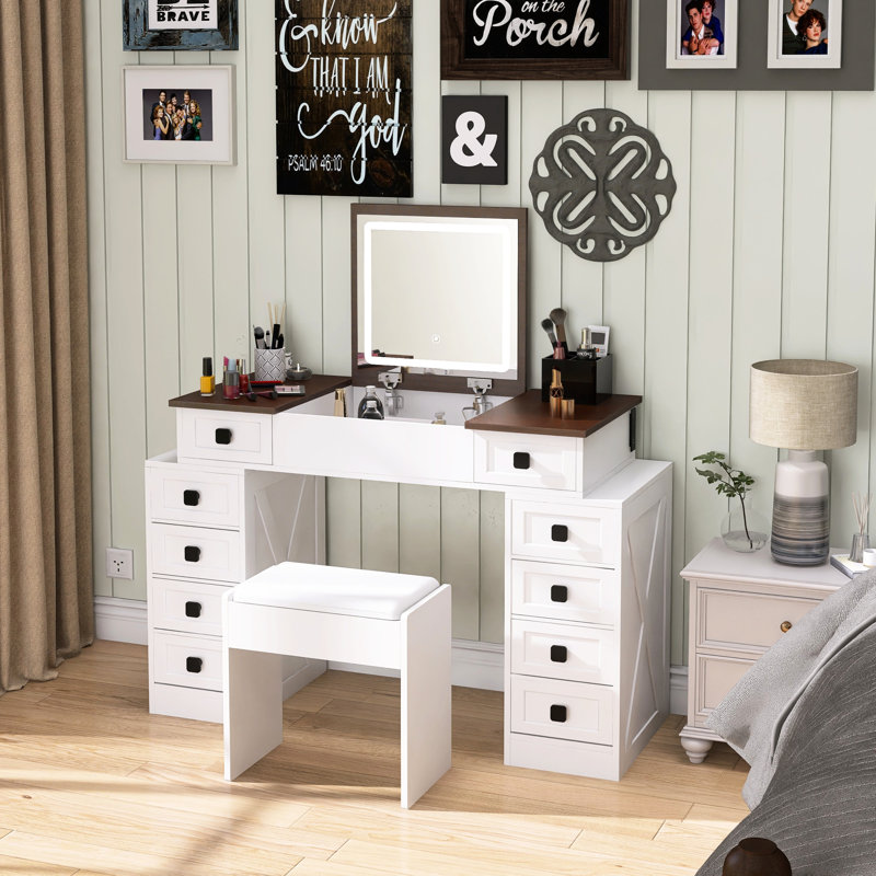 Bureau de meuble-lavabo lumineux à intensité variable avec beaucoup de rangement. 10 tiroirs, blanc et noyer. Miroir rabattable pour optimiser l'espace. Doux et confortable tiroirs de tabouret à DEL. Économie. Confortable