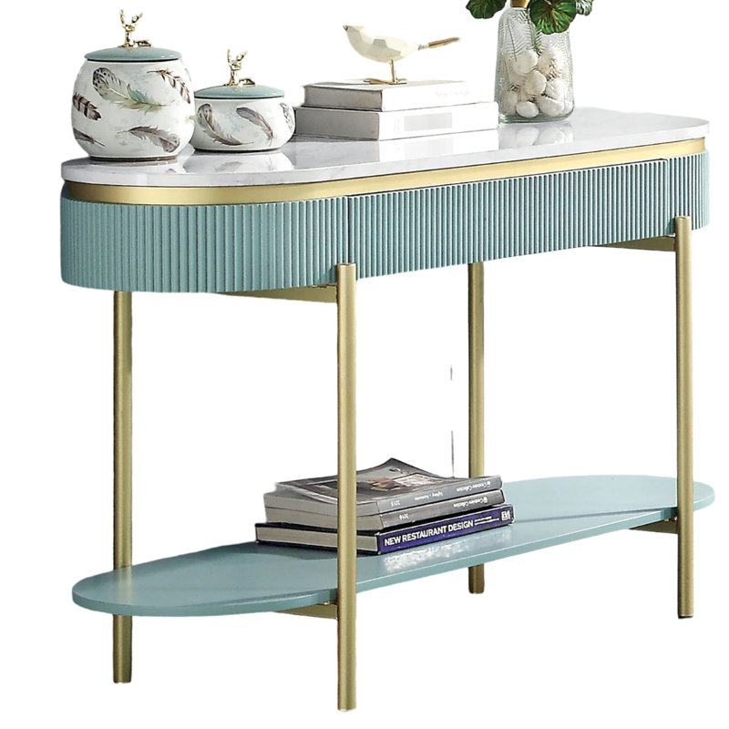 Console Shabby Chic en bleu sarcelle avec façade en faux marbre blanc et tablettes ouvertes