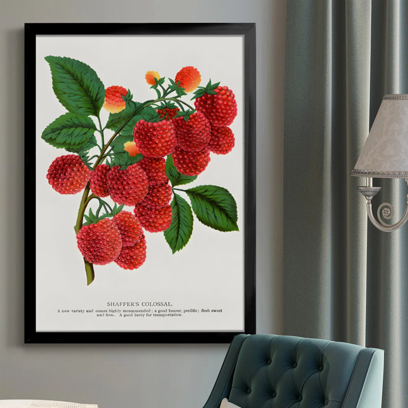 Branche de framboise abstraite moderne avec baies mûres et feuilles vertes, style illustration botanique. Art mural 24 "x 36" avec cadre en bois noir