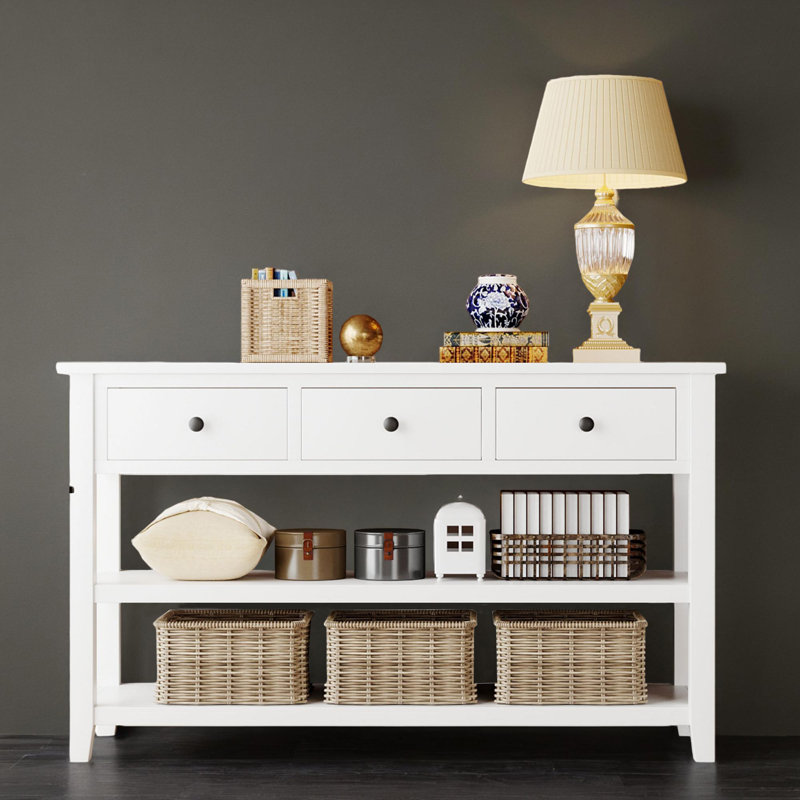 50" Console Table Sofa Table with Drawers and Shelf for Entryway, Antique White Top/Antique White Base