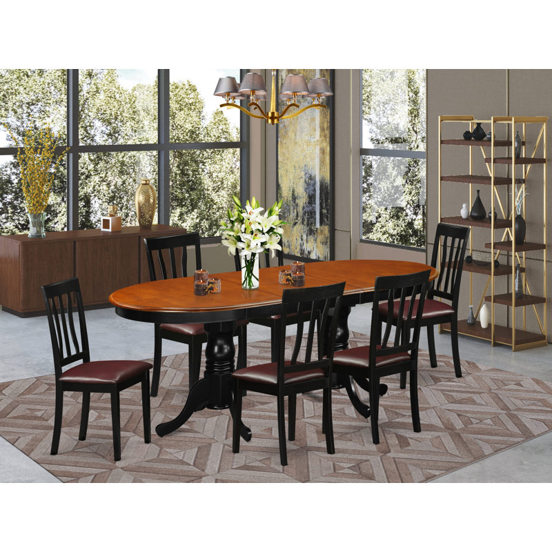 7 Piece Dining Table Set Consist of an Oval Dining Room Table with Butterfly Leaf and 6 Faux Leather Chairs, Black & Cherry