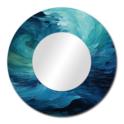 Turquoise bleu et blanc Serenity Swirl II - grand miroir à spirales abstraites, miroir mural décoratif rond moderne, impression d'art en métal