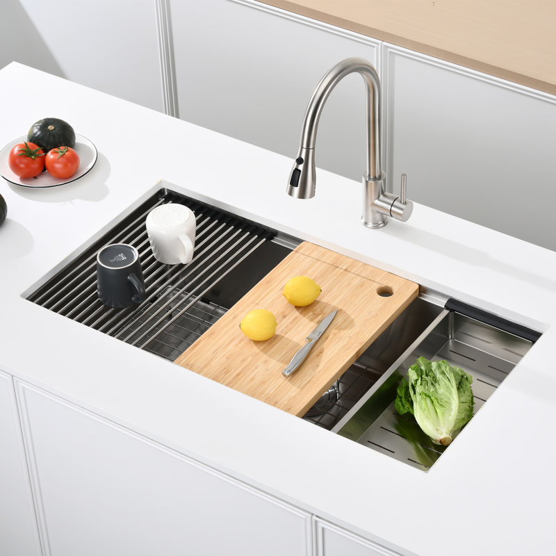 36"L × 19"W Workstation Undermount Stainless Steel Kitchen Sink with Accessories, Brushed Nickel