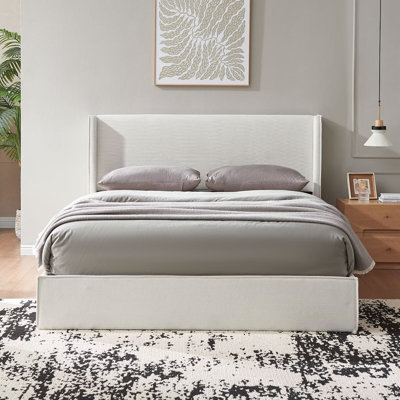 Classic Wingback Upholstered Bed with Lift-Up Storage, Full, Cream Corduroy