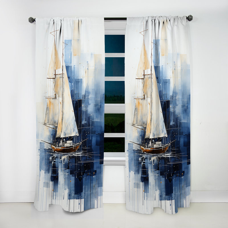 Lachlan Blue And White Nautical Geometry Boat - Nautical Curtain - Velvet Room Darkening - 1 panel, 52" W x 84" L