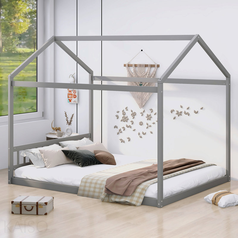 Wooden House Bed With Headboard, Gray