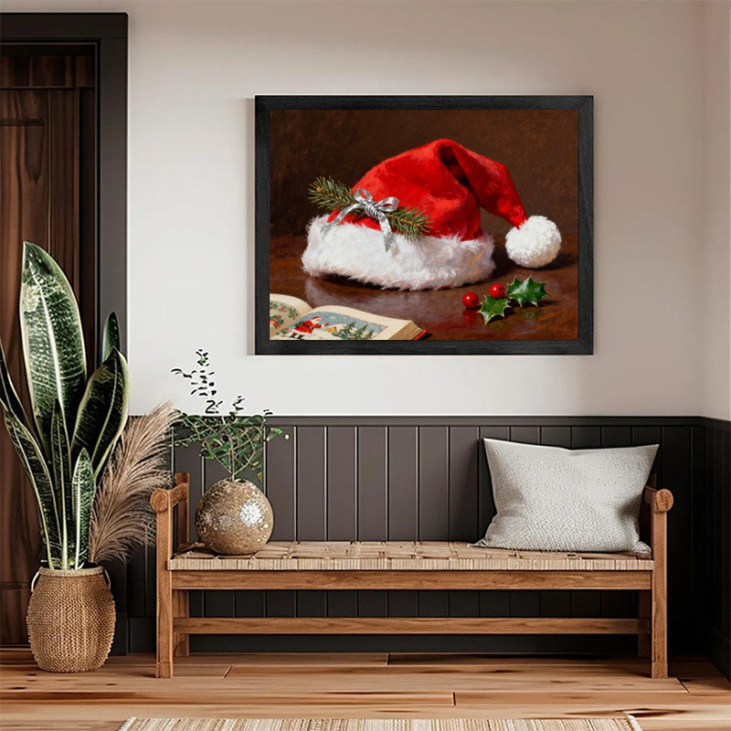 Reproduction d'art encadré noir, nature morte, chapeau de père Noël rétro, H 9 po x l 11 po
