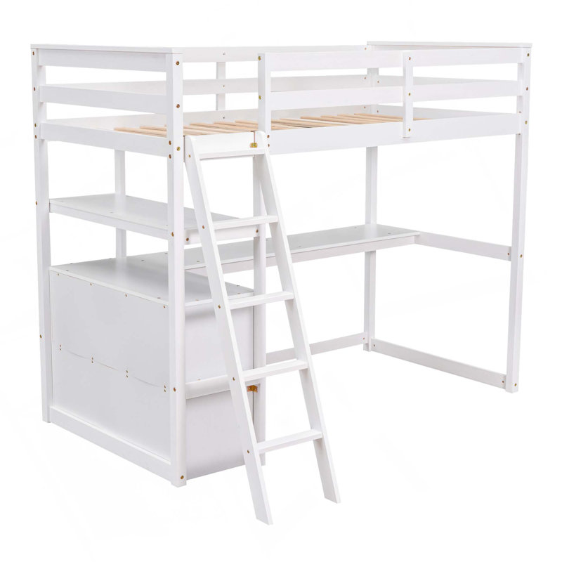Lit mezzanine avec bureau et tablettes, 2 tiroirs intégrés, Blanc