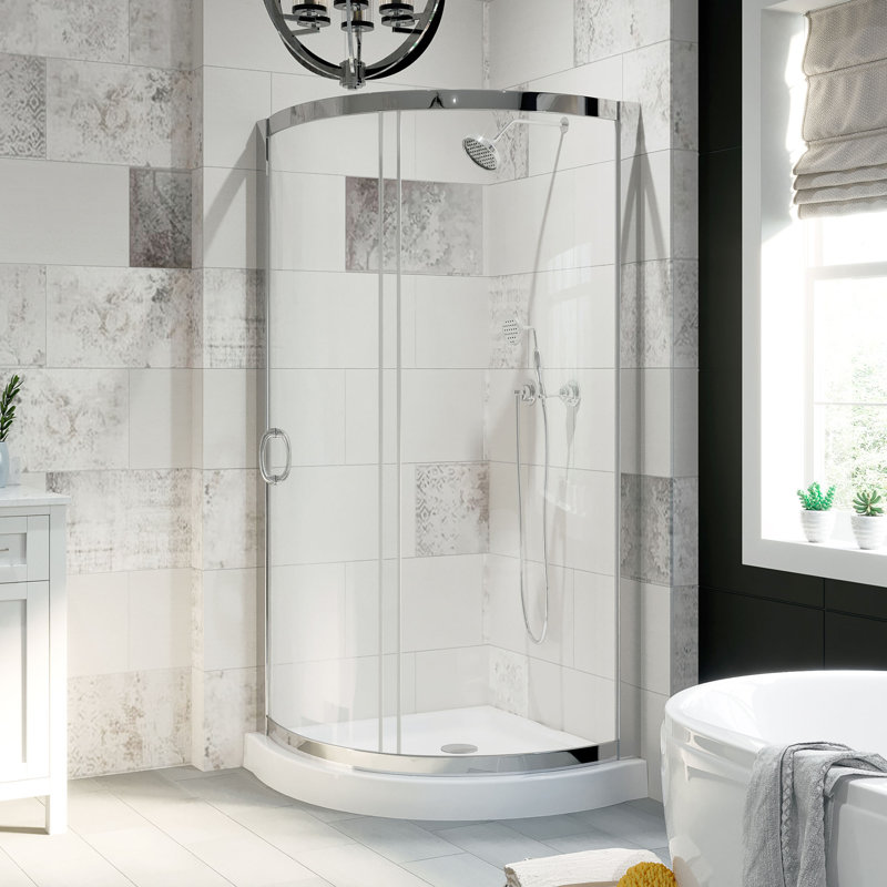 Breeze 35 in. L x 35 in. W x 77 in. H Round Corner Shower Kit in Chrome with Clear Sliding Door and Shower Base Pan (Walls not Included)
