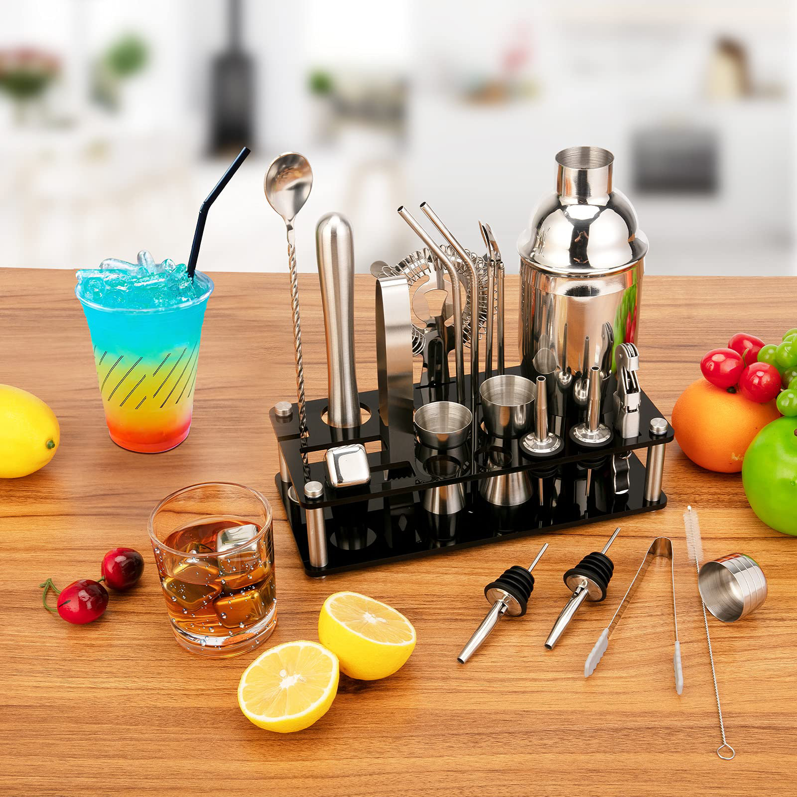 Prep & Savour 23-Piece Stainless Steel Bartender Kit With Acrylic Stand &  Cocktail Recipes Booklet, Professional Bar Tools For Drink Mixing, Home,  Bar, Party Include 4 Whiskey Stones(Sliver)