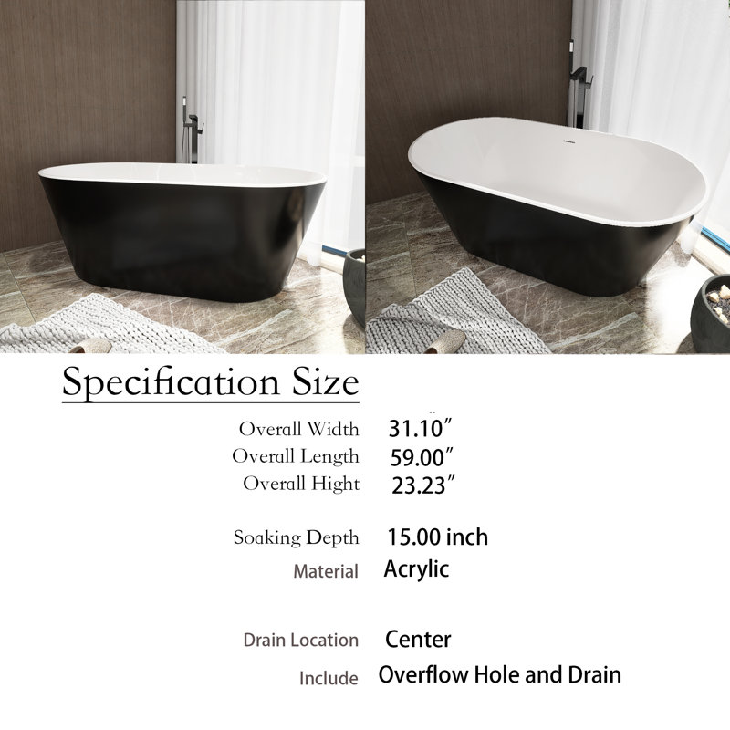 Baignoire de trempage autoportante 59 po. X 31 po. En noir et blanc