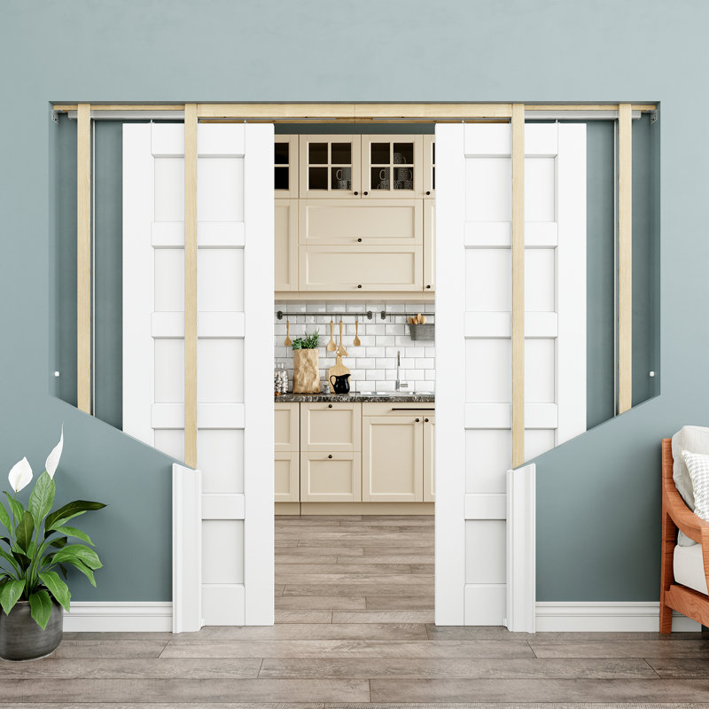 48x80 5 Panel Solid Core Double Pocket Doors with Hardware Kit and Soft Close, Sliding Closet Doors, White Pantry Door, Sliding Pocket Door for Bathroom