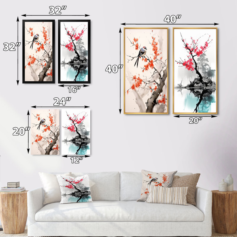 Asian Art Sumi Bird Serenity - ensemble de 2 reproductions, Encadrement brun, H 20 po x l 24 po