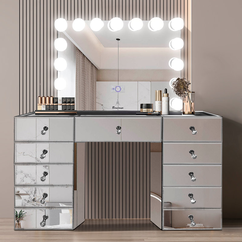 Coiffeuse avec miroir de maquillage lumineux biseauté, Noir, 27 po x 31,5 po