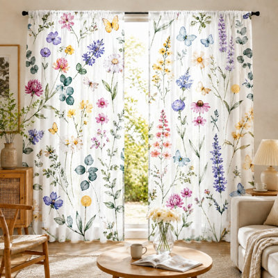 2 pièces de rideaux papillon aquarelle floraux, imprimé de jardin botanique, style romantique, thème Shabby Chic, habillage de fenêtre décoratif, idéal pour le salon, la chambre à coucher, la décoration intérieure, la suspension à passe-tringle, le tissu filtrant la lumière