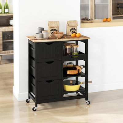 Compact Kitchen Cart On Wheels, Black With Wood Platform And Thoughtful Shelf Design For Home Rolling Island, Surface, 3 Drawers, 2 Shelves, Removable Tray & 360 Wheels Dining Area Utilization