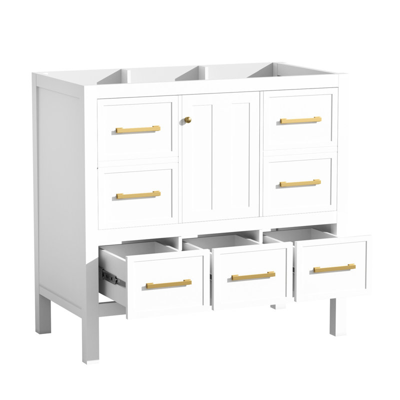 Meuble-lavabo 36 po, 5 tiroirs, fermeture en douceur, structure en bois blanc, planches, bois massif, 35.63", Blanc