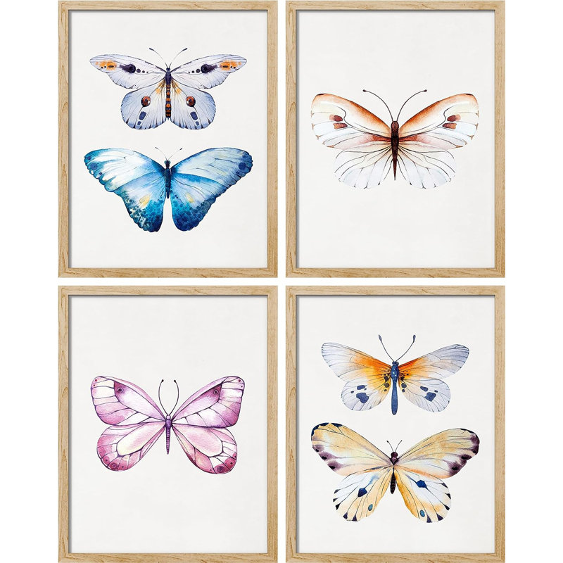 Papillon coloré, reproduction encadrée de 4 pièces, H 14 po x l 11 po x P 1 po, Encadré naturel