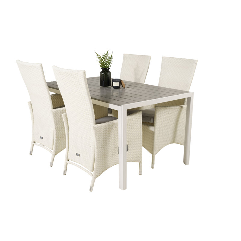 Alby 4 - Person Patio Dining Set with Rectangular Table , Cushions Included, White/Grey