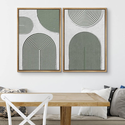 Mid-Century Green Geometric Circle - 2 Piece Floater Frame Print Set on Canvas