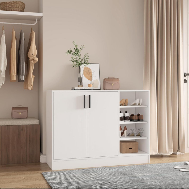 Latitude Run® Shoe Cabinet, 4-Tier Shoe Rack With Doors And Open Storage Shelf FSSR021, Ivory White