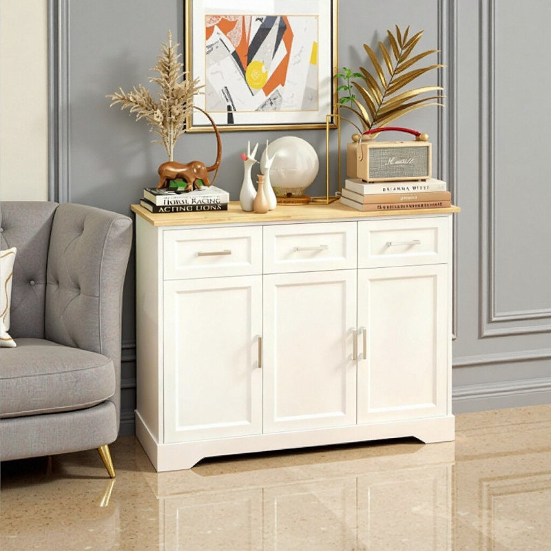 Buffet de cuisine blanc et chêne avec tiroirs, tablettes réglables et conception anti-basculement - Buffet de rangement 39,75 po pour salle à manger