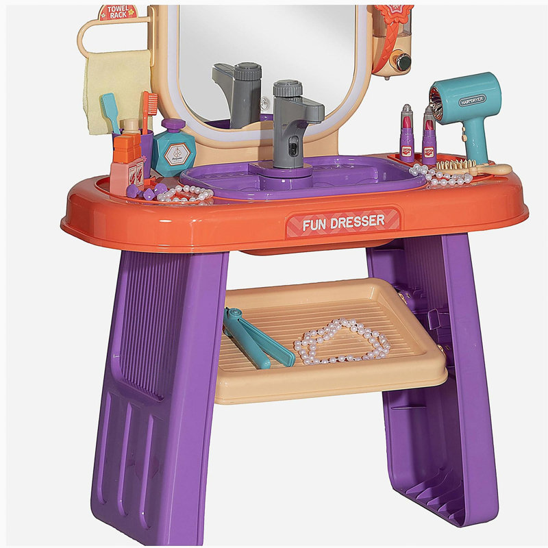 Qaba  Vanity Set, Toddler Makeup Table with Faucet, Mirror, LED Light, Music, 23 Accessories, Pretend Play Set for Girls 3-6 Years, Purple