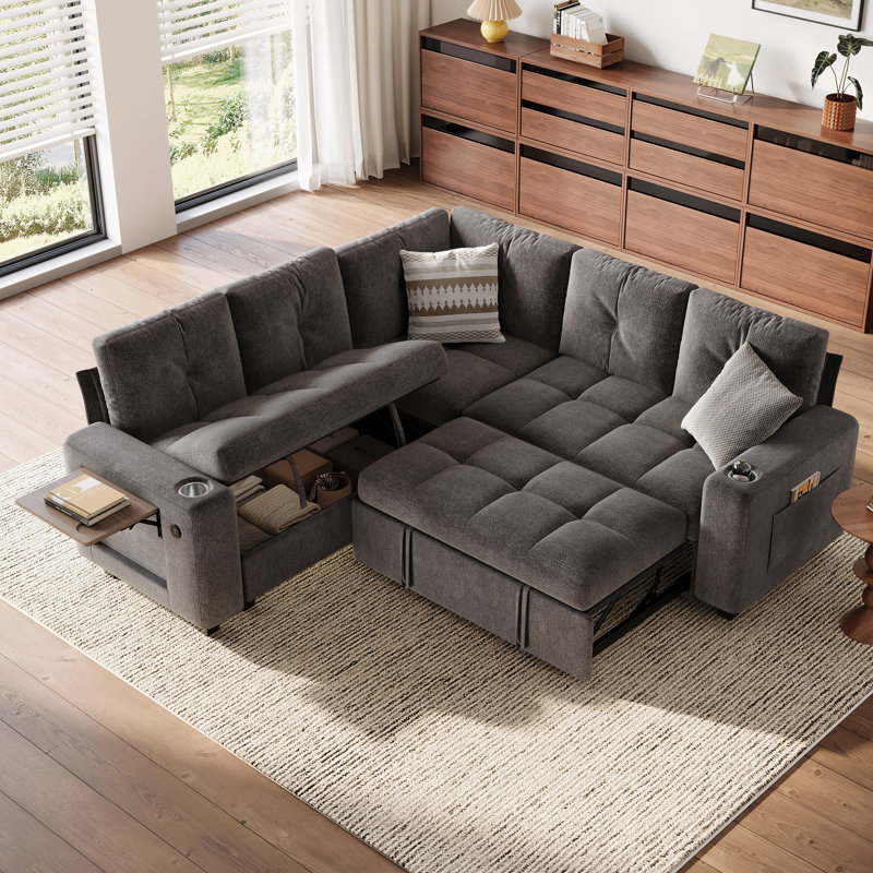 Canapé-lit modulaire capitonné en coin avec canapé-lit, chaise de rangement et table d'appoint Benett 83 po, Gris chenille