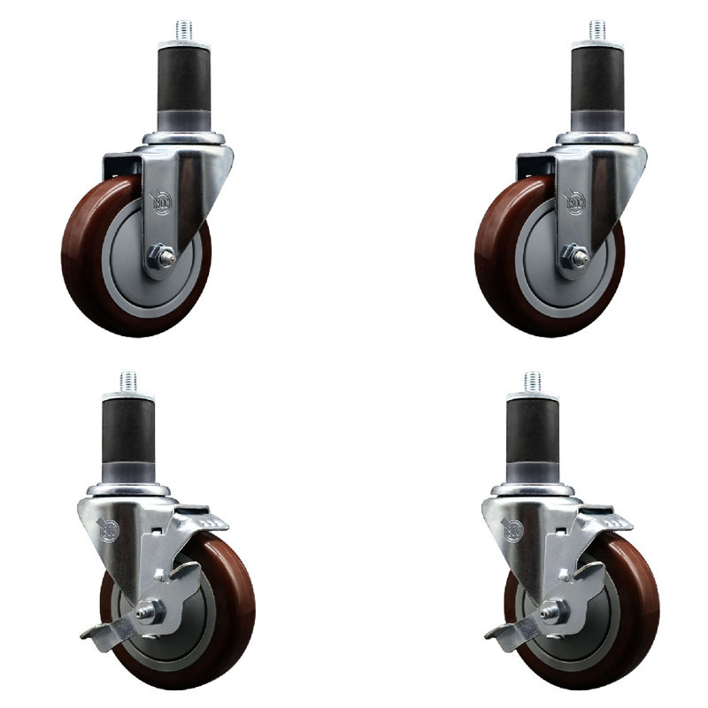 Ensemble de roulettes à tige extensible en polyuréthane pivotant de 4 po à 1 5/8 po 2 freins SCC, Marron