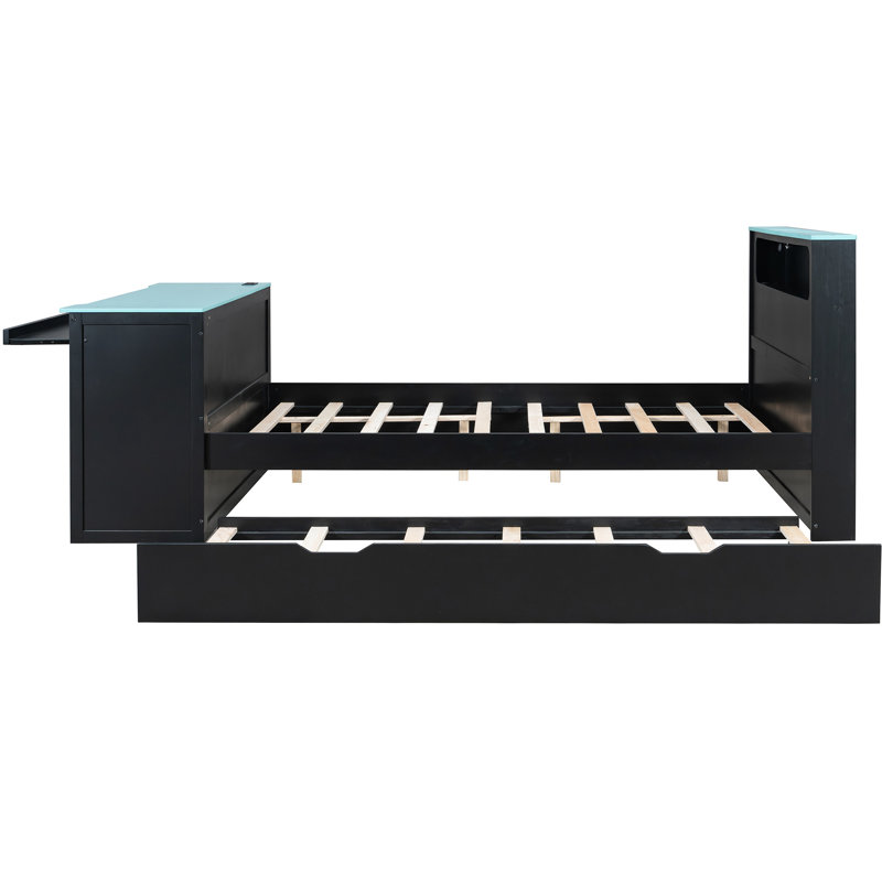 Lit plateforme noir + bleu, lit gigogne, bureau, tête de lit à DEL, tête de lit intelligente avec éclairage contrôlé, tête de lit simple peu encombrante, jeu et lit d'étude dans la chambre à coucher