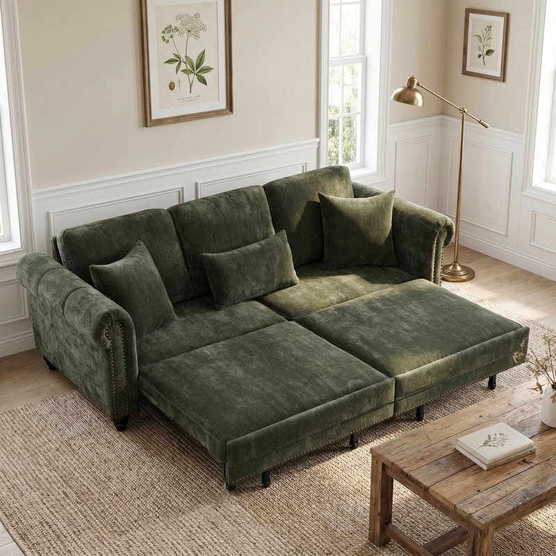 Chenille Convertible Sleeper Sofa Bed with Nailhead Trim, Green