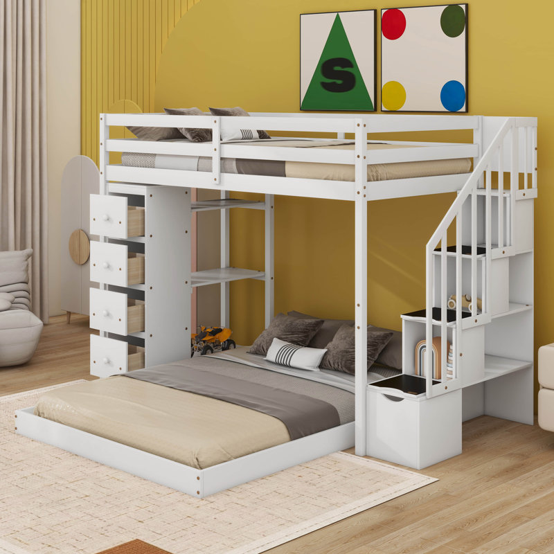 Jakoby Twin Over Full Bunk Bed with 3-layer Shelves, Drawers and Storage Stairs, White