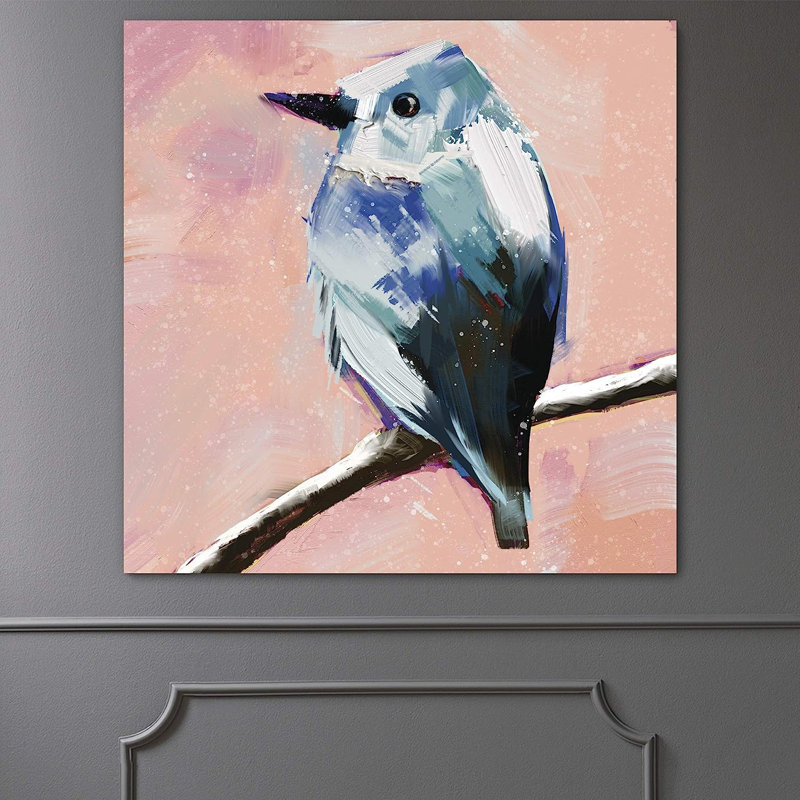 Animaux mignons oiseaux blancs de montagne blancs perchés sur une branche sur fond de corail rose sur toile