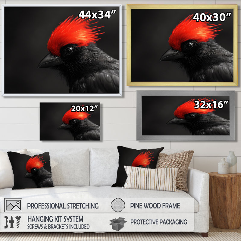 Oiseau de paradis rouge et gris murmure - décoration murale oiseau, Toile argentée avec cadre flottant
