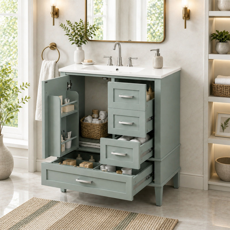 Freestanding Standard Single Vanity Bathroom Vanity With Ceramic Top