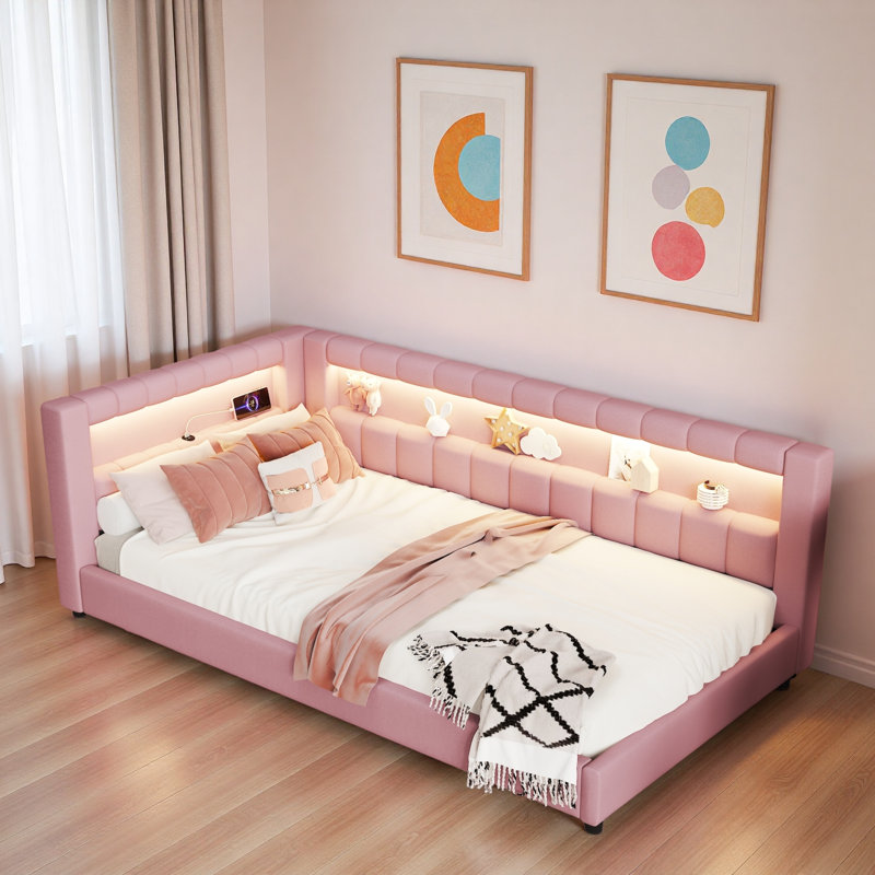 Upholstered Daybed With Usb Ports And Led Light Strips, Twin Extra-Long, Pink