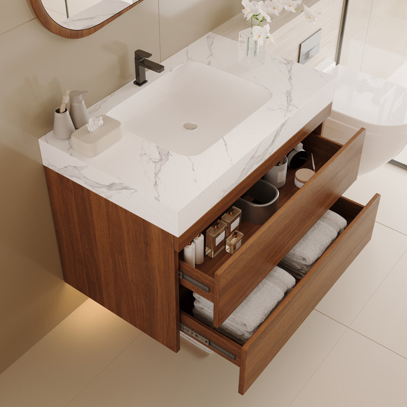 30" Modern Wall-Mounted Floating Bathroom Vanity, Single Vanity With Faux Marble Top & Ceramic Sink, Soft-Close Drawers, Space-Saving