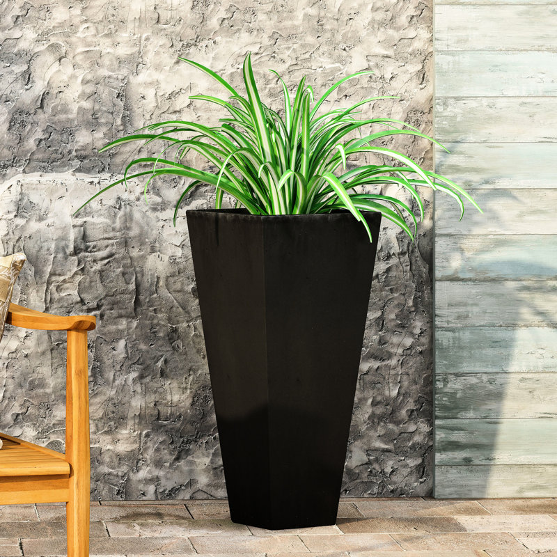 Magnesium Oxide Planter In Tapered Shape For Outdoor Use - 12.91L X 12.91W 28.5H Black, Lightweight Concrete No Assembly Style Black Decoration