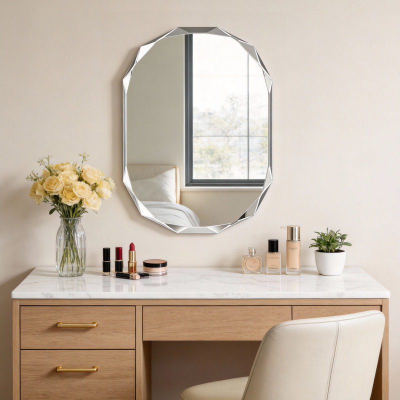Oval Beveled Frameless Bathroom Vanity Mirror Decorative Wall Accent Mirror Diamond Bevel, 27.6" x 19.7"