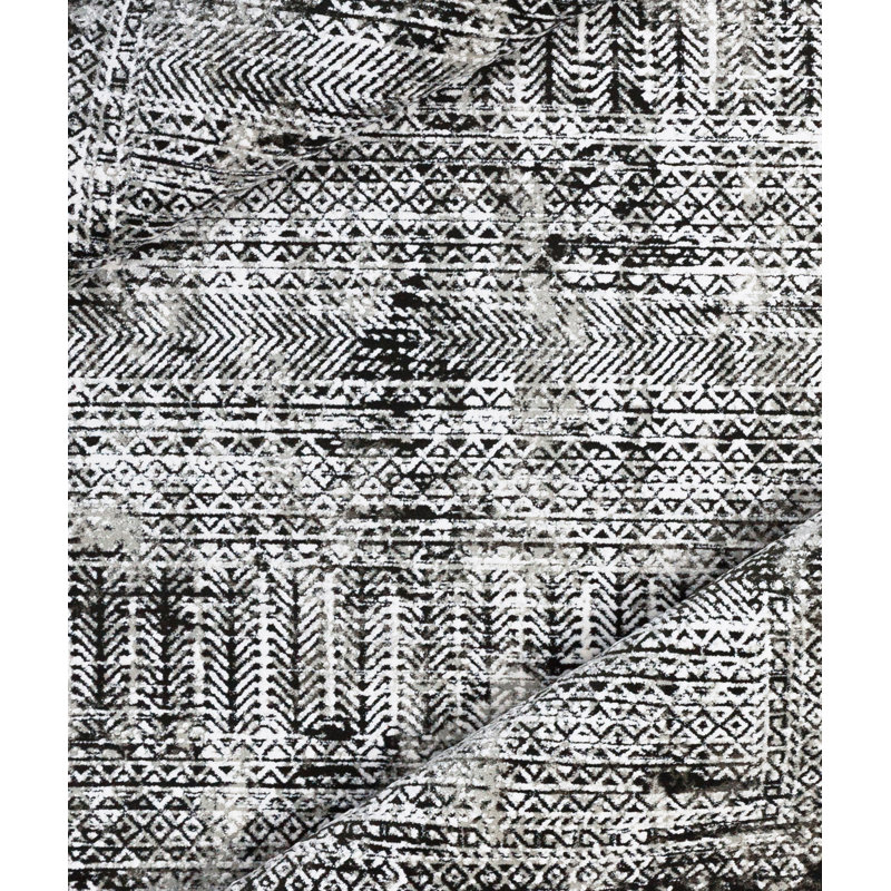 Tapis abstrait noir / crème noué à la main Frede, Rectangle 6 pi 7 po x 9 pi 6 po